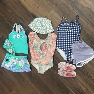 Toddler Girls Swim Bundle with Water Shoes and Bucket Hat, Rashguard, etc.